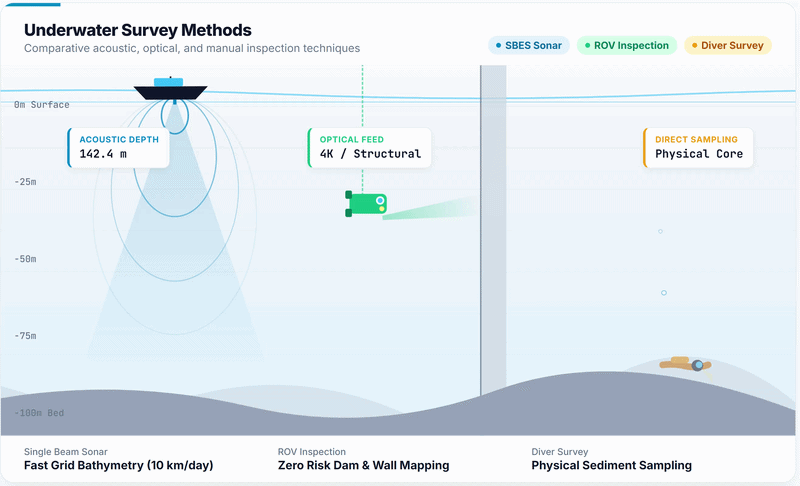 Animated comparison of Sonar, ROV, and Diver survey methods