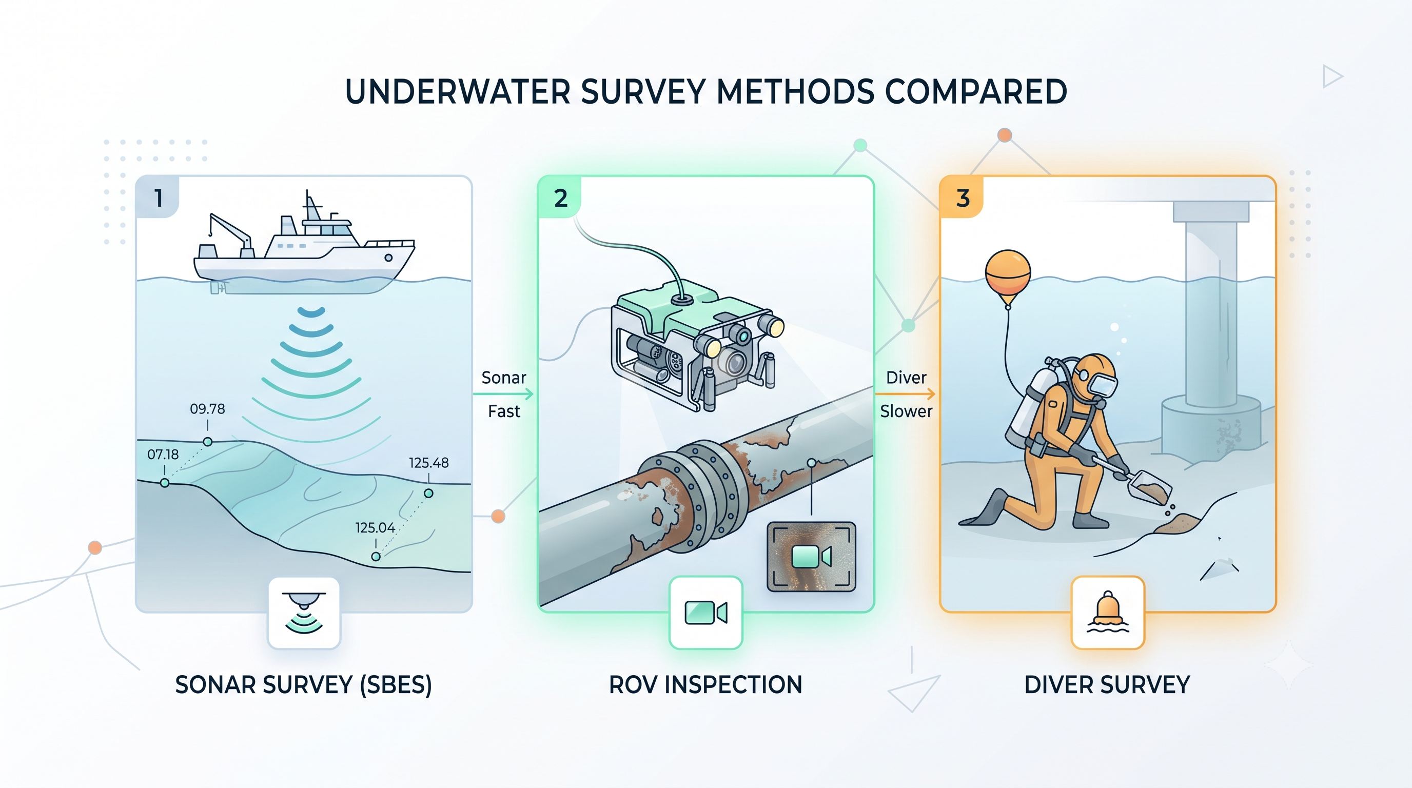 Underwater Survey Methods Compared: Sonar, ROV, and Diver Survey