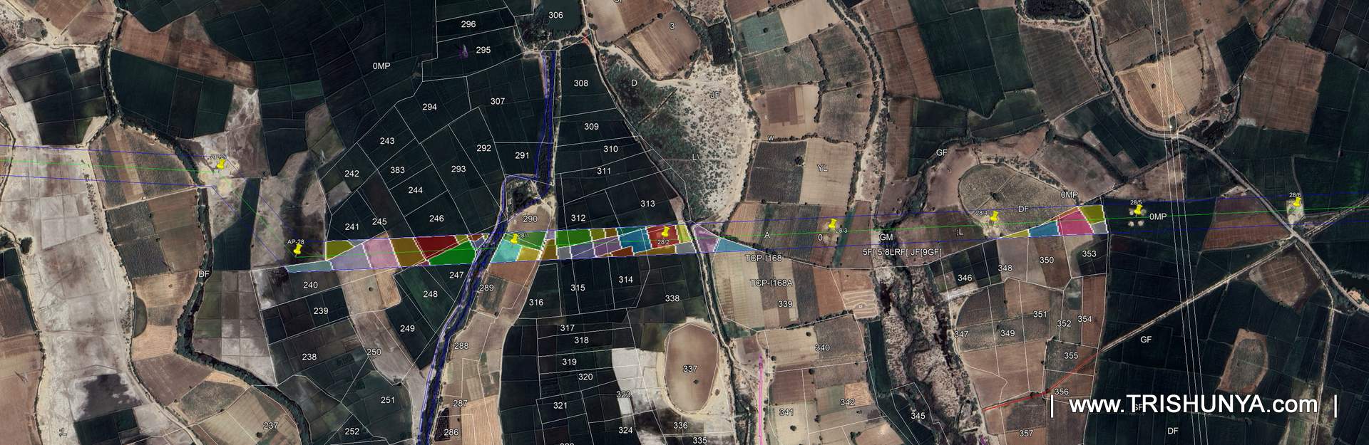 KMZ screenshot showing survey number wise land parcels overlapped by transmission line corridor, part 4