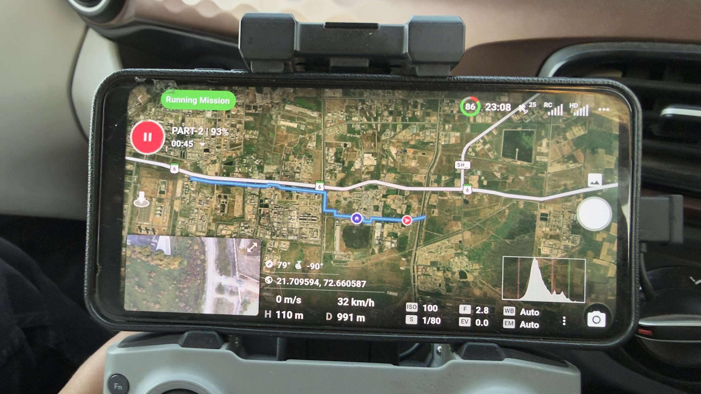 Drone controller screen during a linear corridor survey flight