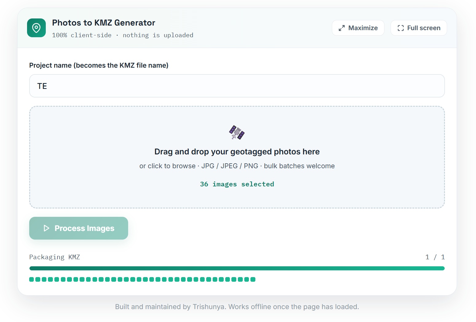 Free geotagged photos to KMZ converter tool interface with drag and drop upload zone by Trishunya