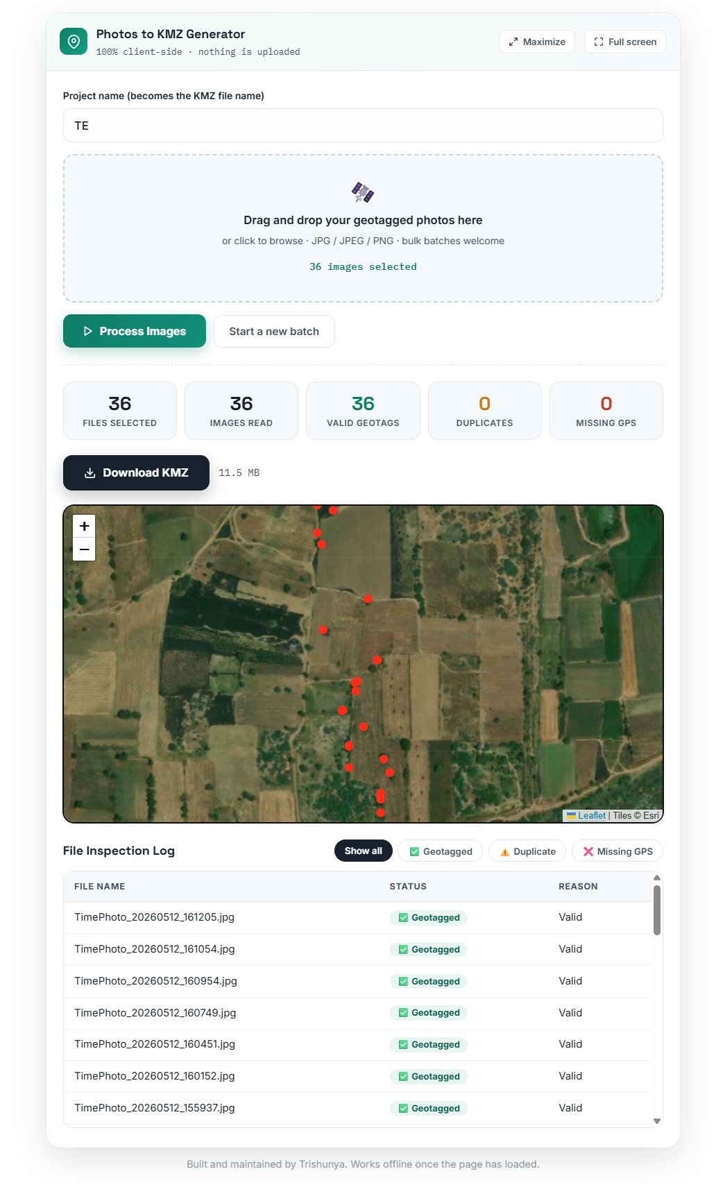 KMZ generator results dashboard showing geotag statistics, satellite map preview and file inspection log