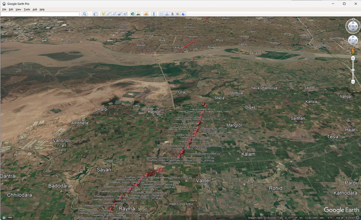 Generated KMZ file opened in Google Earth showing geotagged photo pins grouped in date folders along a survey route