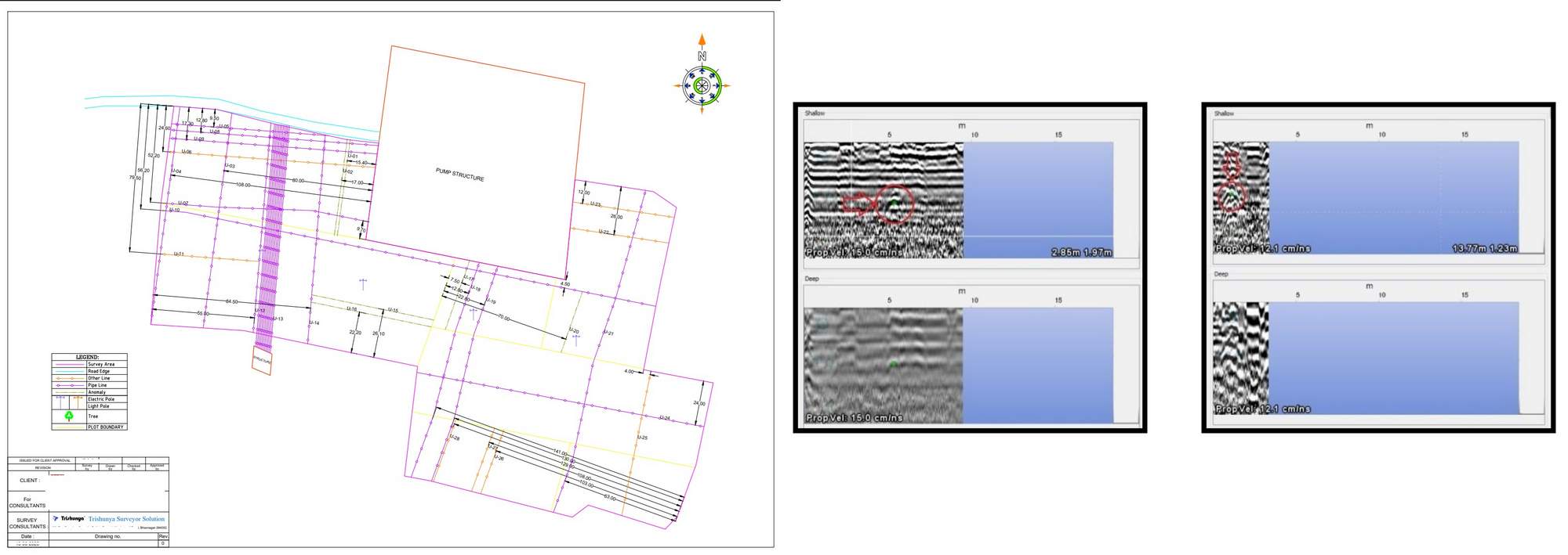 GPR scan result showing underground utility pipe detection below road surface