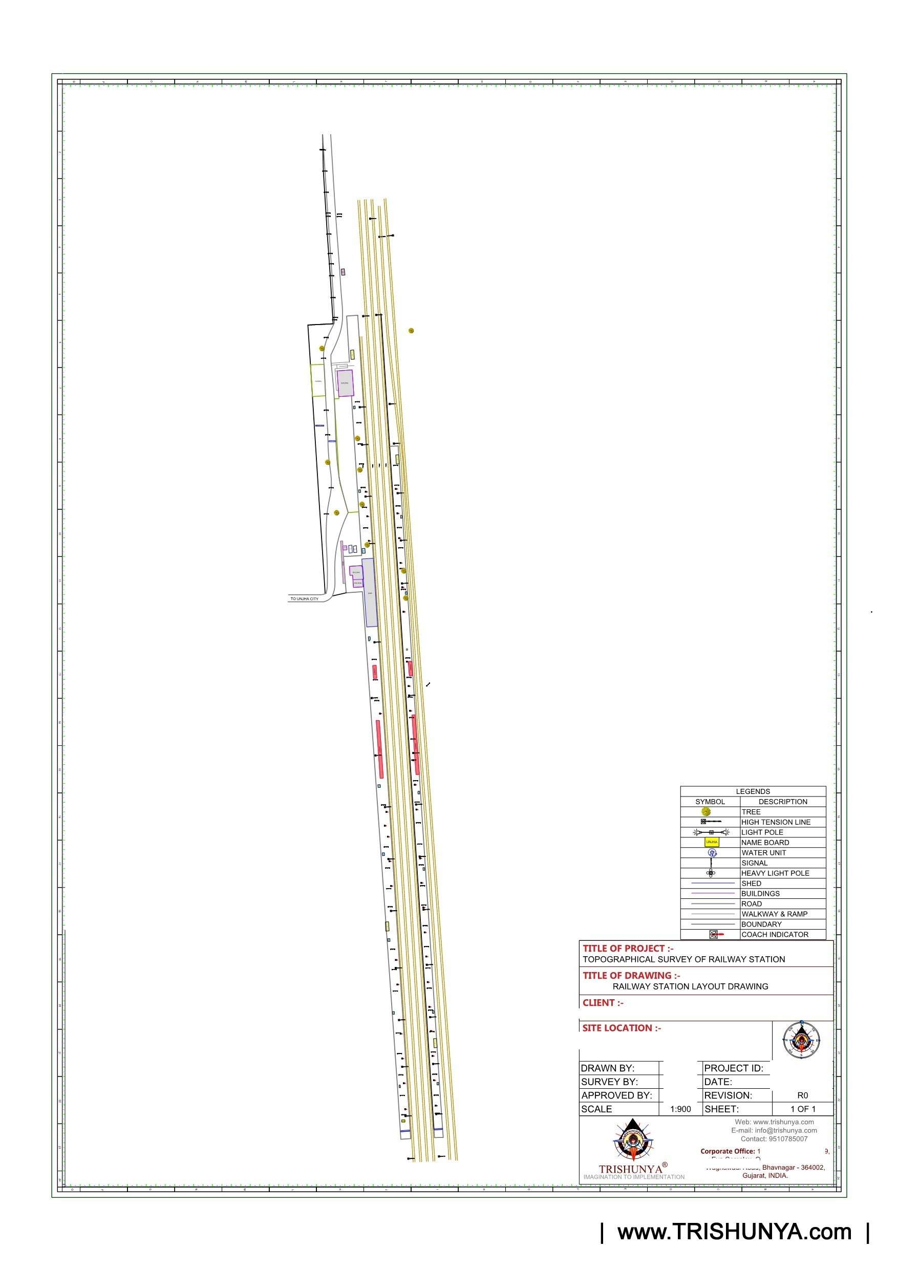 Sample topographic drawing of railway station survey by Trishunya showing track alignment, platform levels, and utility capture