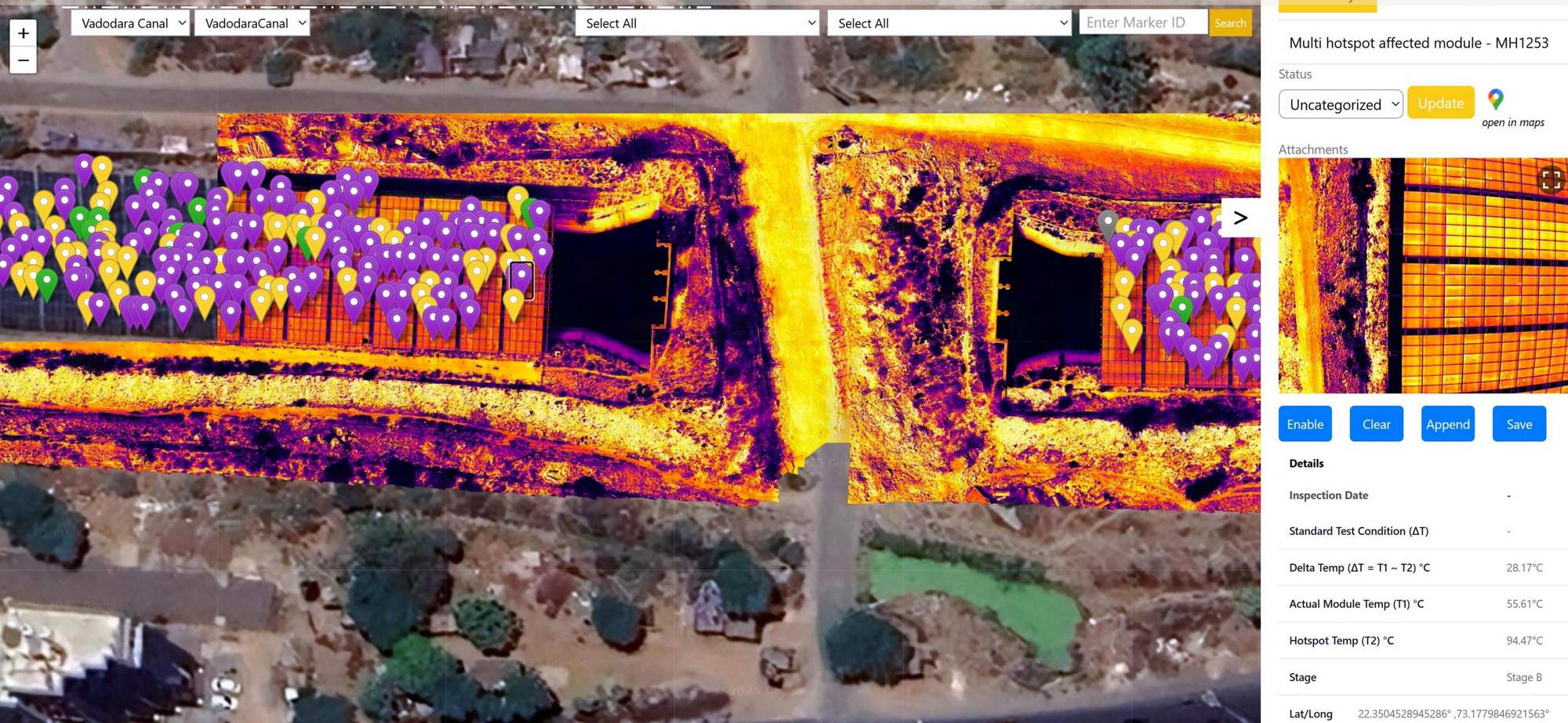 Thermal drone image showing hotspot on faulty solar panel in solar farm inspection